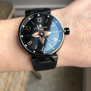 Women’s Louis Vuitton Tambour All Black Watch 39.5 Diamonds